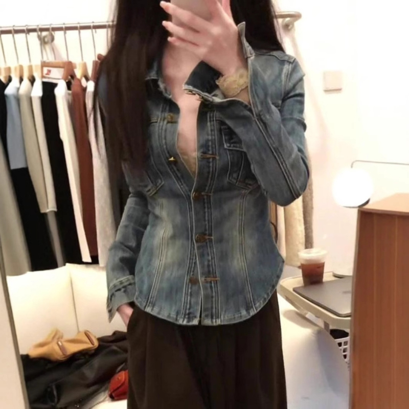 Női slim-fit stretch denim ing polo nyakkal, hosszú ujjú, szabályos hosszúságú 50–65 cm, 2025 tavasz