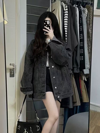Denim jakna u korejskom retro stilu, slobodan kroj, dugi rukavi, polo ovratnik, proljeće 2025