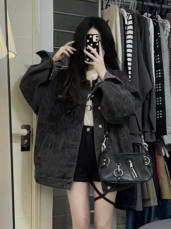 Denim jakna u korejskom retro stilu, slobodan kroj, dugi rukavi, polo ovratnik, proljeće 2025