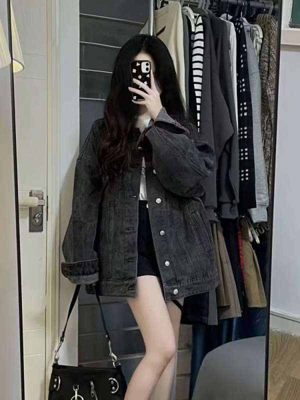 Denim jakna u korejskom retro stilu, slobodan kroj, dugi rukavi, polo ovratnik, proljeće 2025