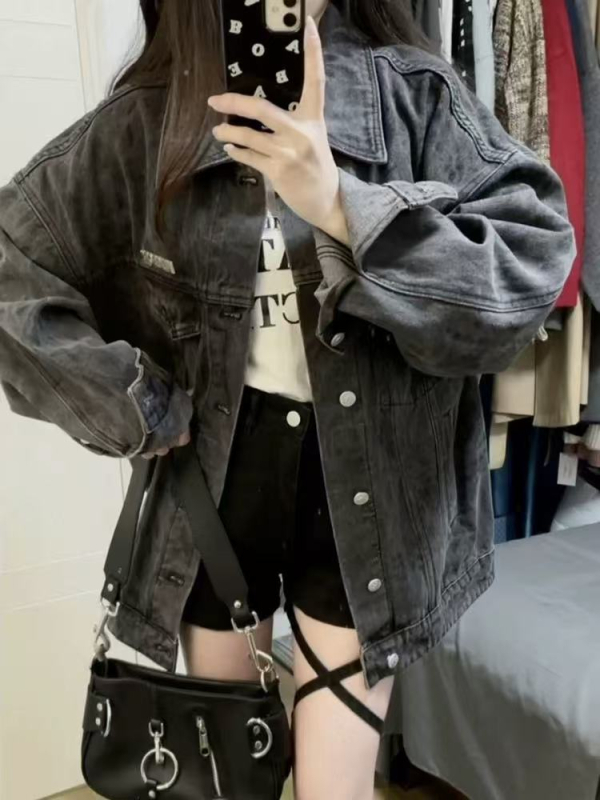 Denim jakna u korejskom retro stilu, slobodan kroj, dugi rukavi, polo ovratnik, proljeće 2025