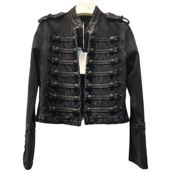 Деним яке в военен стил, с двойно ред копчета, панелно пришиване, тясна кройка