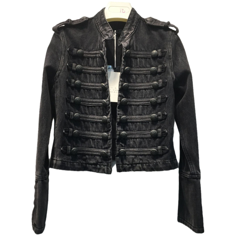 Деним яке в военен стил, с двойно ред копчета, панелно пришиване, тясна кройка