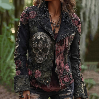 Дамско дънково яке със Slim-Fit кройка, изтрит ретро стил, принтован дизайн с панели и обърнати маншети, V-образно деколте