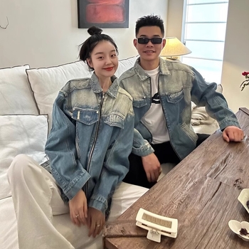 Γυναικείο τζιν μπουφάν, χαλαρή γραμμή, γιακά πόλο, μακριά μανίκια, μακρύ μήκος, πολυεστερικό μείγμα 30–50%