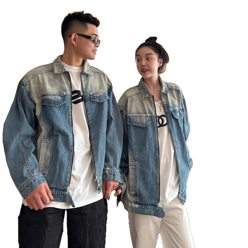 Γυναικείο τζιν μπουφάν, χαλαρή γραμμή, γιακά πόλο, μακριά μανίκια, μακρύ μήκος, πολυεστερικό μείγμα 30–50%