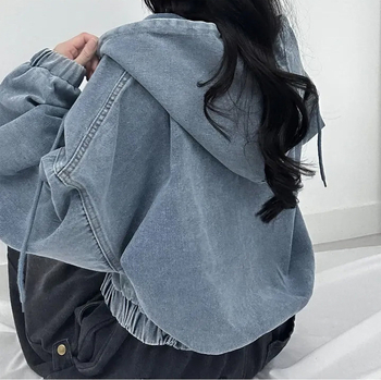 Ženska denim jakna s kapuljom, ležernog kroja, dvostruki zatvarač, kratka duljina, jednobojni uzorak, poliester materijal