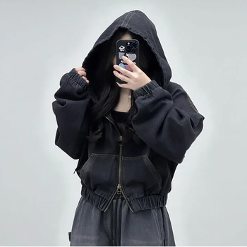 Ženska denim jakna s kapuljom, ležernog kroja, dvostruki zatvarač, kratka duljina, jednobojni uzorak, poliester materijal