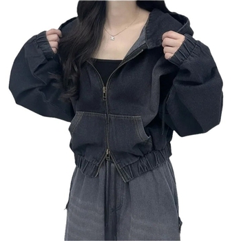 Ženska denim jakna s kapuljom, ležernog kroja, dvostruki zatvarač, kratka duljina, jednobojni uzorak, poliester materijal