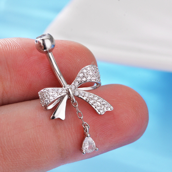 S925 Сребърен пръстен за пъпа с бант и циркония – луксозен стил