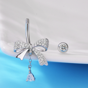 S925 Сребърен пръстен за пъпа с бант и циркония – луксозен стил