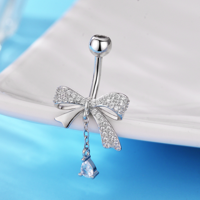 S925 Сребърен пръстен за пъпа с бант и циркония – луксозен стил