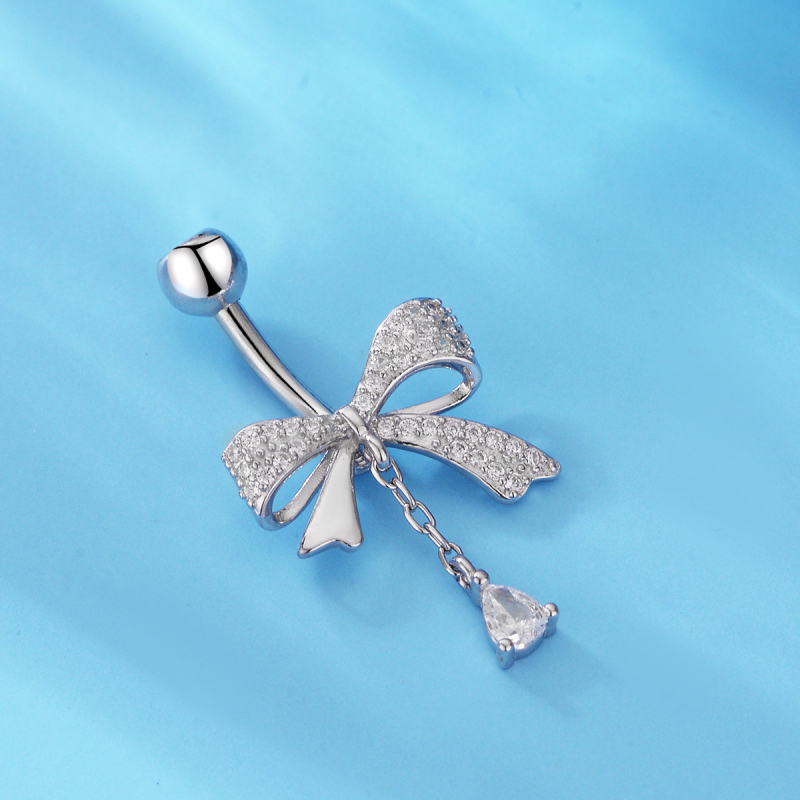 S925 Сребърен пръстен за пъпа с бант и циркония – луксозен стил