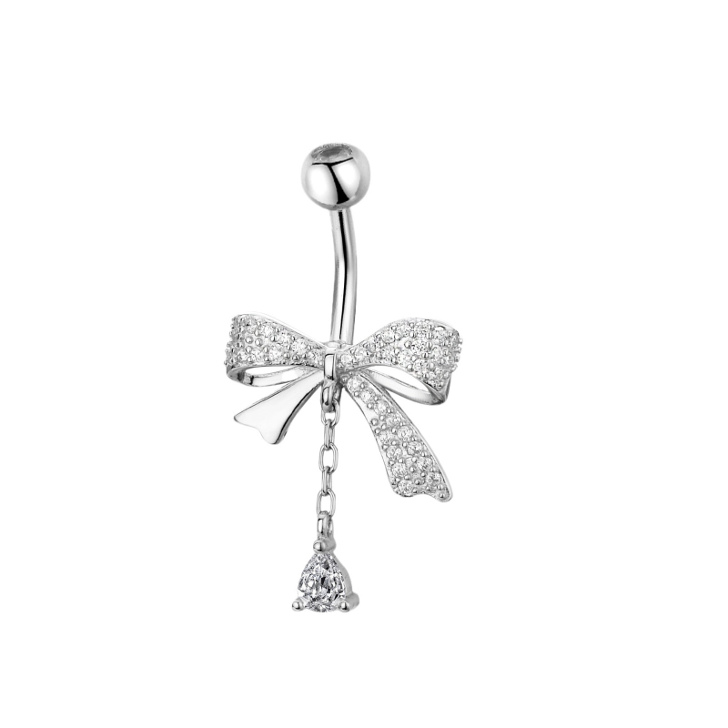 S925 Сребърен пръстен за пъпа с бант и циркония – луксозен стил