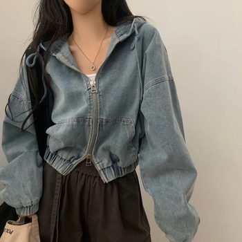 Ženska traper jakna s kapuljom, dvostruki zip, ležerni kroj, dugi rukavi, kratka dužina, korejski stil