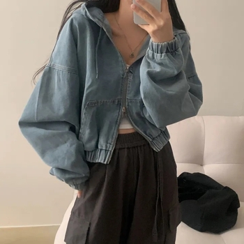 Ženska traper jakna s kapuljom, dvostruki zip, ležerni kroj, dugi rukavi, kratka dužina, korejski stil