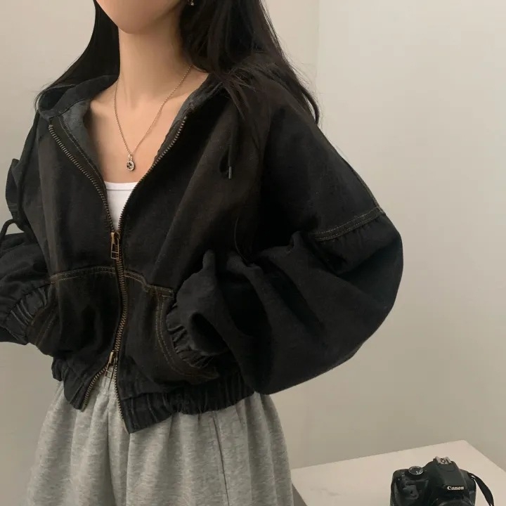 Ženska traper jakna s kapuljom, dvostruki zip, ležerni kroj, dugi rukavi, kratka dužina, korejski stil