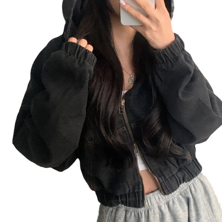 Ženska traper jakna s kapuljom, dvostruki zip, ležerni kroj, dugi rukavi, kratka dužina, korejski stil