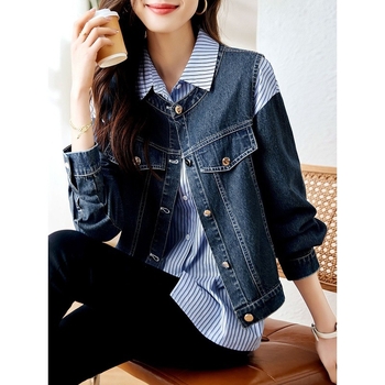 Női denim mellény–kabát–ing készlet, két részes; városi stílus; akril anyag 95%+; 7/8 ujjak; lógó gallér