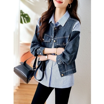 Női denim mellény–kabát–ing készlet, két részes; városi stílus; akril anyag 95%+; 7/8 ujjak; lógó gallér