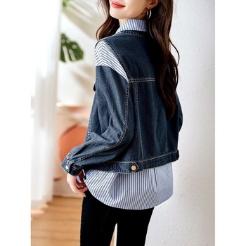 Női denim mellény–kabát–ing készlet, két részes; városi stílus; akril anyag 95%+; 7/8 ujjak; lógó gallér