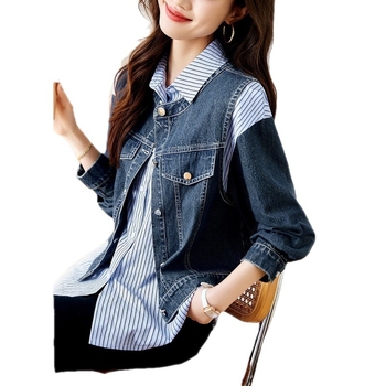 Női denim mellény–kabát–ing készlet, két részes; városi stílus; akril anyag 95%+; 7/8 ujjak; lógó gallér