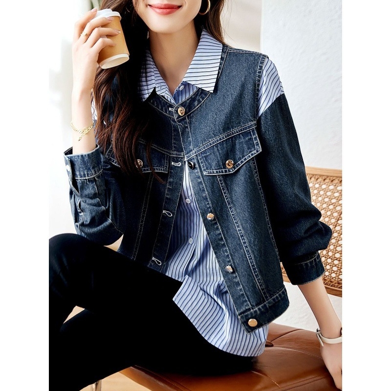 Női denim mellény–kabát–ing készlet, két részes; városi stílus; akril anyag 95%+; 7/8 ujjak; lógó gallér