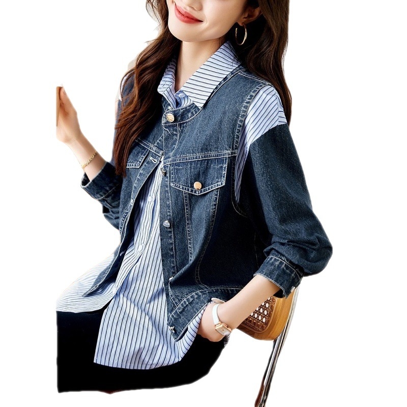 Női denim mellény–kabát–ing készlet, két részes; városi stílus; akril anyag 95%+; 7/8 ujjak; lógó gallér