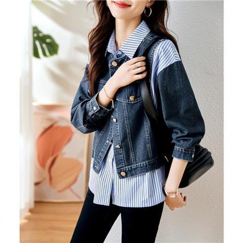 Női denim mellény–kabát–ing készlet, két részes; városi stílus; akril anyag 95%+; 7/8 ujjak; lógó gallér