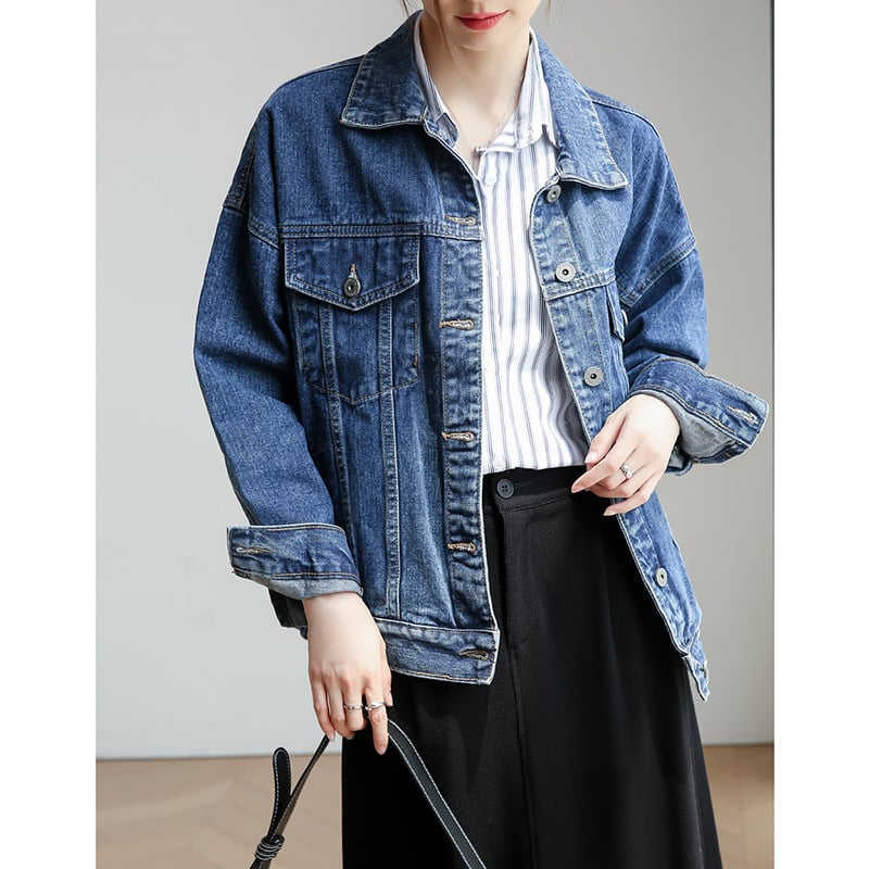 Ženska denim jakna slobodnog kroja, dugi rukavi, srednja duljina, korejskog stila casual vanjska jakna