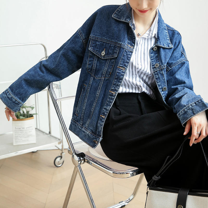 Ženska denim jakna slobodnog kroja, dugi rukavi, srednja duljina, korejskog stila casual vanjska jakna