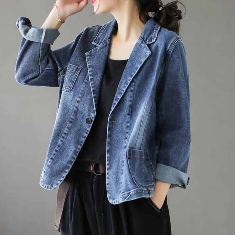 Ženski retro džins blejzer, kratka jakna, plus veličina, dugi rukavi, ovratnik sakoa, jednobojna boja, casual gradski stil