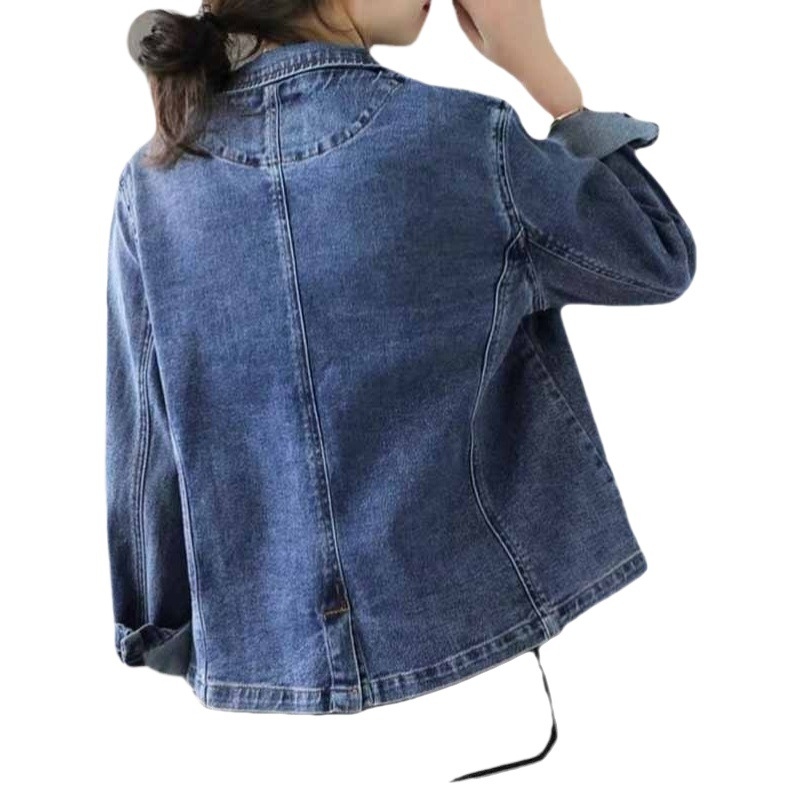 Ženski retro džins blejzer, kratka jakna, plus veličina, dugi rukavi, ovratnik sakoa, jednobojna boja, casual gradski stil