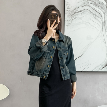 Ženska džins jakna s Denim Cotton i Spandexom, slobodan kroj, dugi rukav, polo ovratnik, jesen 2023 retro isprano