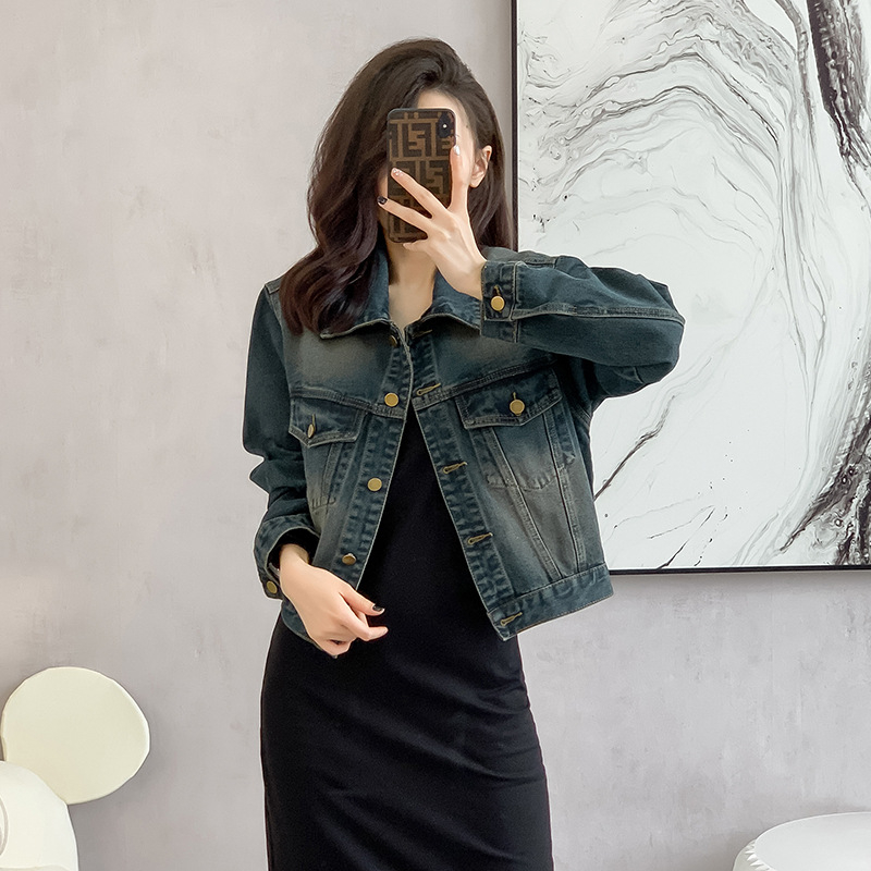 Ženska džins jakna s Denim Cotton i Spandexom, slobodan kroj, dugi rukav, polo ovratnik, jesen 2023 retro isprano