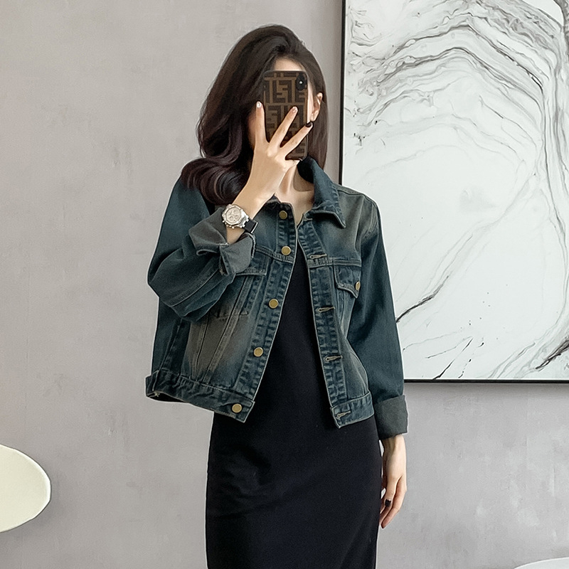 Ženska džins jakna s Denim Cotton i Spandexom, slobodan kroj, dugi rukav, polo ovratnik, jesen 2023 retro isprano