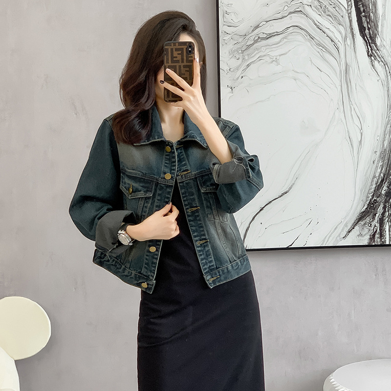 Ženska džins jakna s Denim Cotton i Spandexom, slobodan kroj, dugi rukav, polo ovratnik, jesen 2023 retro isprano