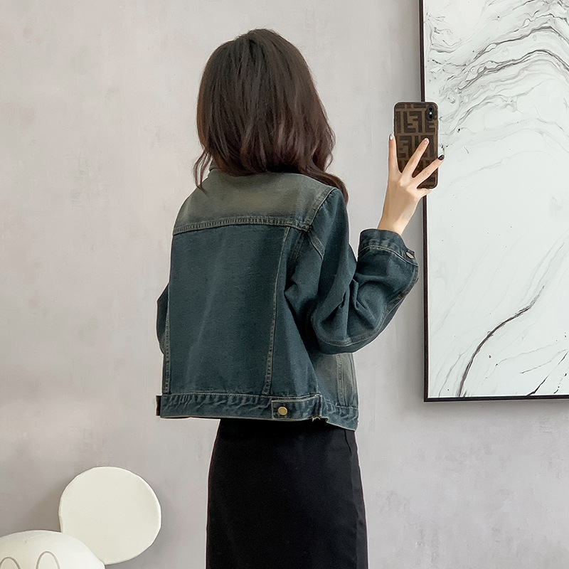 Ženska džins jakna s Denim Cotton i Spandexom, slobodan kroj, dugi rukav, polo ovratnik, jesen 2023 retro isprano