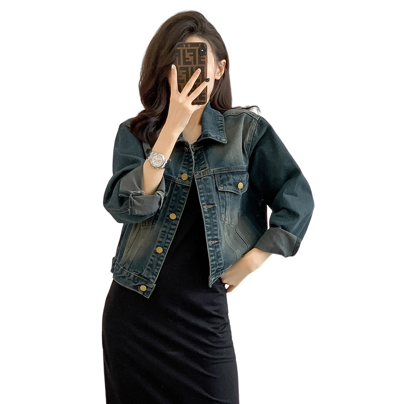 Ženska džins jakna s Denim Cotton i Spandexom, slobodan kroj, dugi rukav, polo ovratnik, jesen 2023 retro isprano