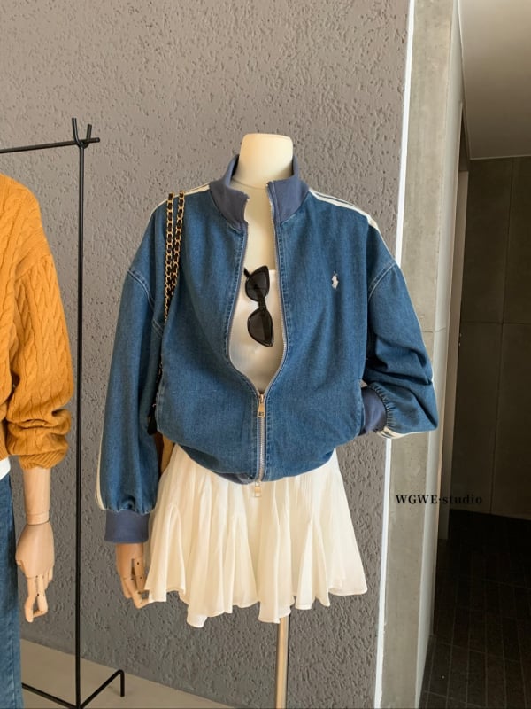 Ženska traper jakna s izvezenim detaljem i tri crte, stojeći ovratnik, zatvarač, ravni kroj, korejsko-japanski stil