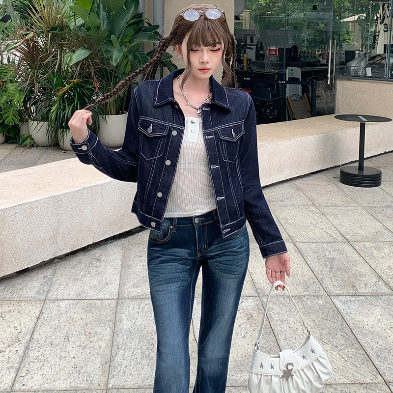 Ženska široka džins jakna s reverom, dugi rukavi, 50–70% pamuk, jesen 2025