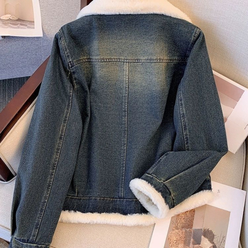 Дънково яке с подплата от флис, дебел Chenille плат, поло яка, дълги ръкави, зимен сезон 2025.