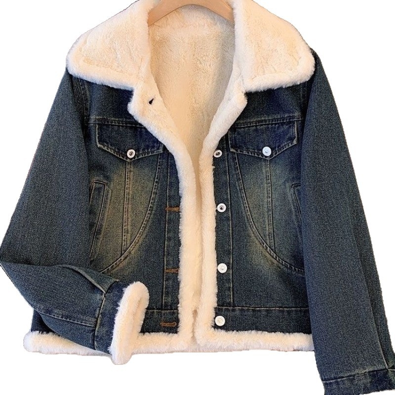 Дънково яке с подплата от флис, дебел Chenille плат, поло яка, дълги ръкави, зимен сезон 2025.