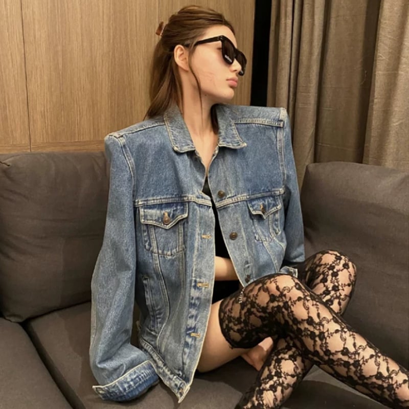 Ženska denims jakna, retro stil, udoban kroj, 95% poliester, jednobojna boja, POLO ovratnik