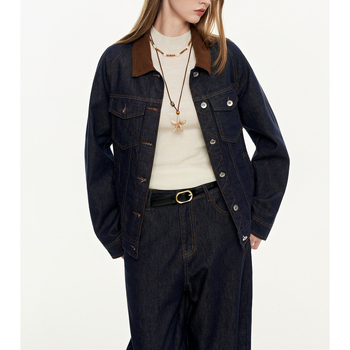 MoodBerry ženska denim jakna u američkom retro stilu, jesen, kontrastni ovratnik, svestran ležeran komad odjeće