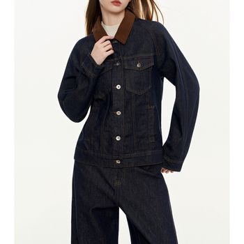 MoodBerry ženska denim jakna u američkom retro stilu, jesen, kontrastni ovratnik, svestran ležeran komad odjeće