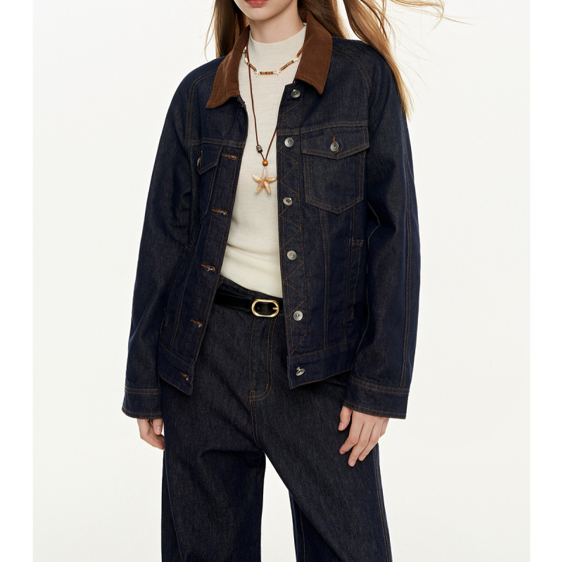 MoodBerry ženska denim jakna u američkom retro stilu, jesen, kontrastni ovratnik, svestran ležeran komad odjeće