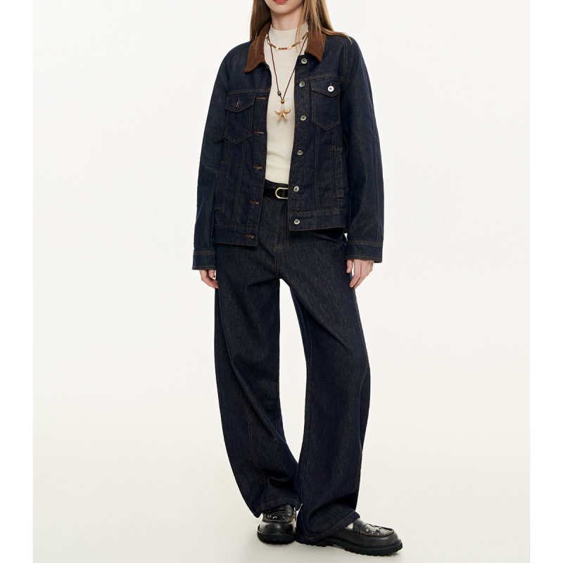 MoodBerry ženska denim jakna u američkom retro stilu, jesen, kontrastni ovratnik, svestran ležeran komad odjeće
