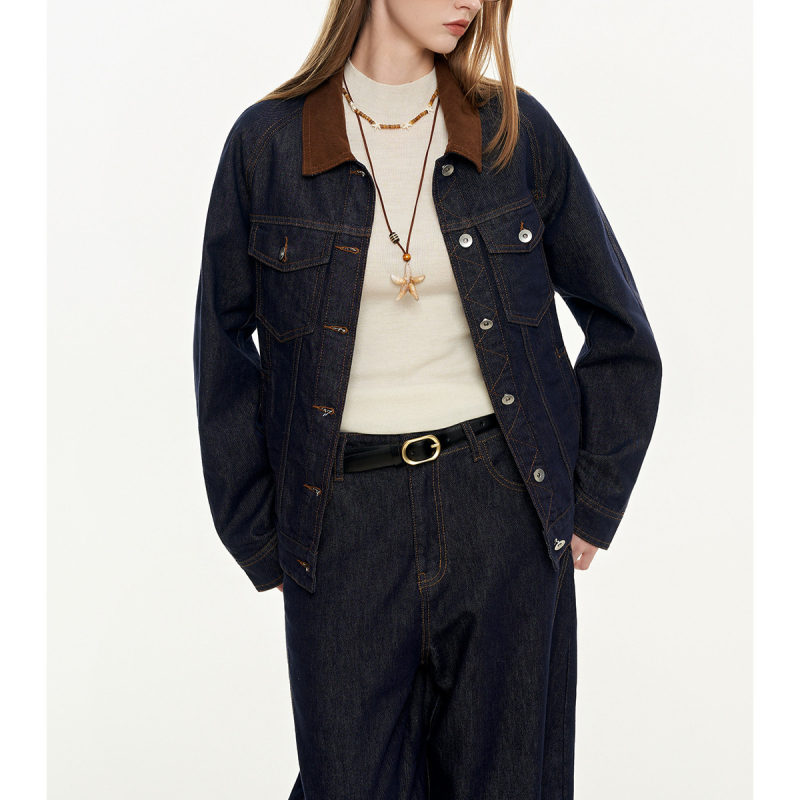 MoodBerry ženska denim jakna u američkom retro stilu, jesen, kontrastni ovratnik, svestran ležeran komad odjeće