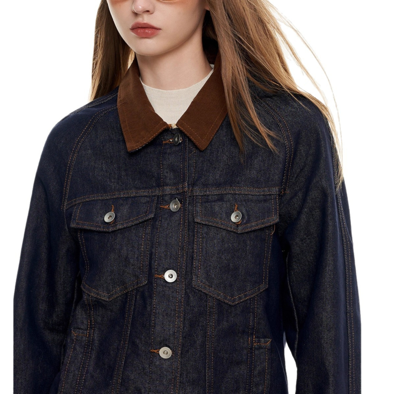MoodBerry ženska denim jakna u američkom retro stilu, jesen, kontrastni ovratnik, svestran ležeran komad odjeće